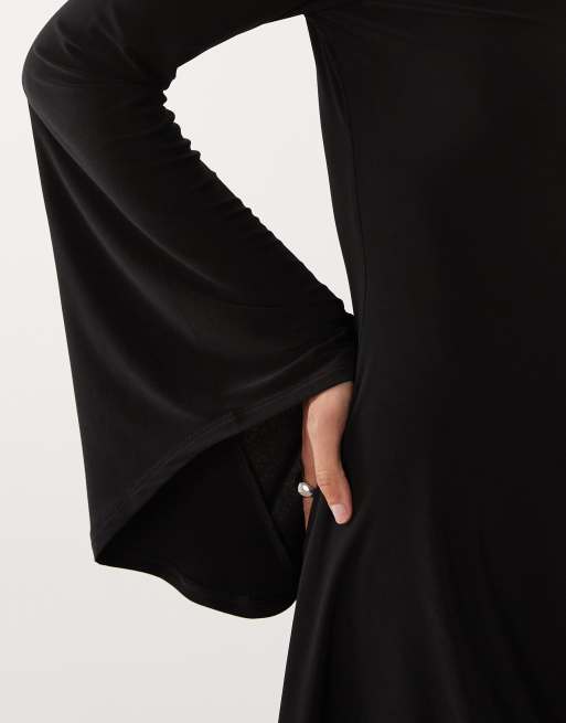 ASOS DESIGN flute sleeve flippy mini dress with sweetheart neckline in black, 2 of 4