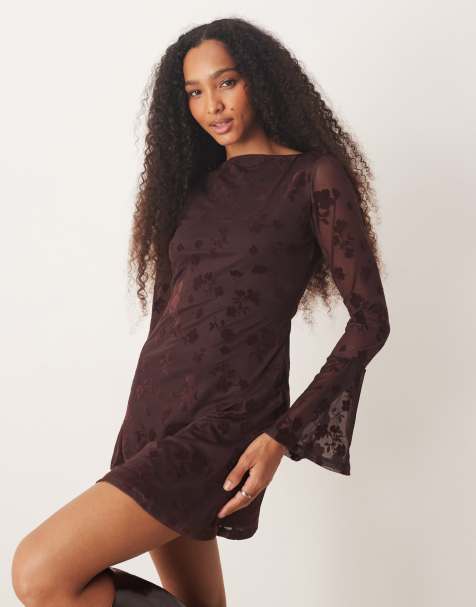 ASOS DESIGN flocked floral mini dress with flute sleeve in chocolate brown