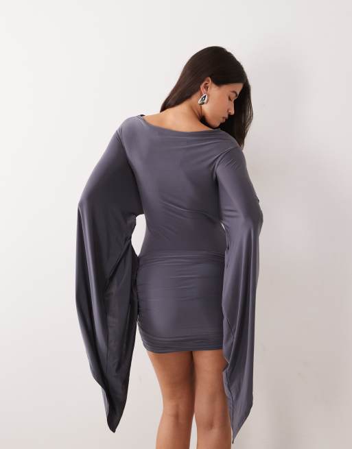 ASOS DESIGN flute sleeve mini dress in charcoal, 3 of 4