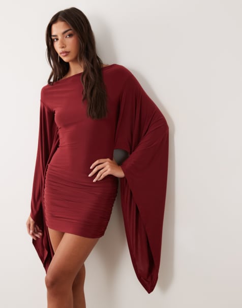 ASOS DESIGN flute sleeve mini dress in wine - view 1