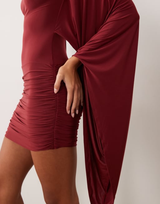 ASOS DESIGN flute sleeve mini dress in wine, 2 of 4