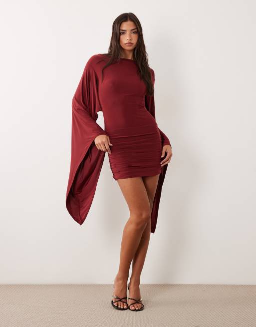 ASOS DESIGN flute sleeve mini dress in wine, 3 of 4