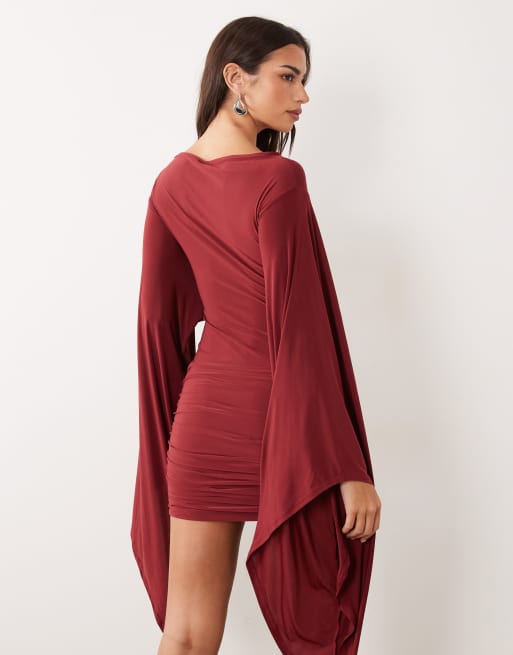 ASOS DESIGN flute sleeve mini dress in wine, 4 of 4