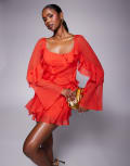 [ASOS DESIGN] ASOS DESIGN flute sleeve ruffle mini dress in red 18 RED