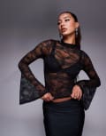 [ASOS DESIGN] ASOS DESIGN fluted cuff lace mock neck top in black S Black