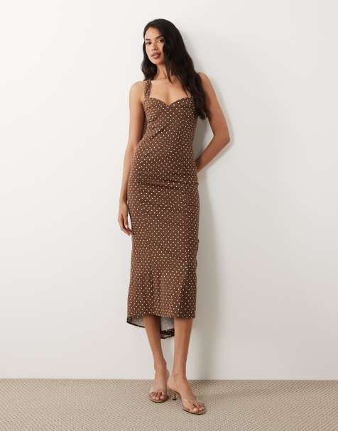 ASOS DESIGN fluted hem halter neck dress in brown polka dots - view 1