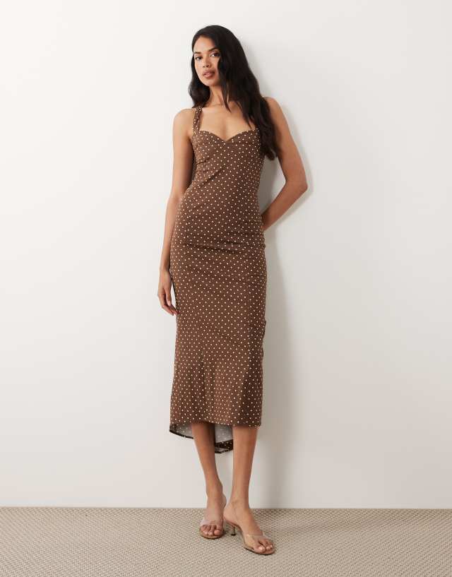 halter neck brown polka dot dress ASOS DESIGN fluted hem in dots evening party or any FASHIONWEEK Fashion: Lemons + Stripes Color:Mahogany Brown