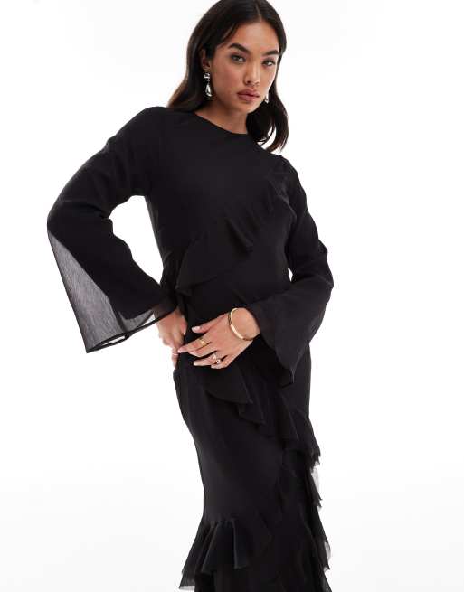 ASOS DESIGN fluted long sleeve extreme ruffle maxi dress in black | ASOS