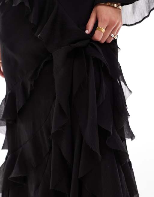 ASOS DESIGN fluted long sleeve extreme ruffle maxi dress in black | ASOS