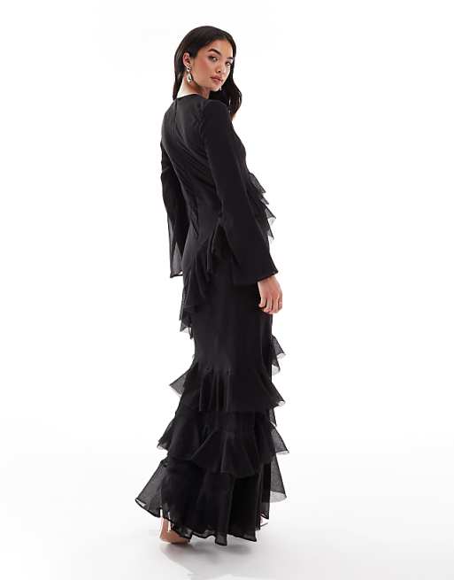 ruffle sleeve dress black High-Neck Maxi M / Black making it a versatile choice for formal occasions or evening gatherings Ladies - Black Ruffle-Trimmed Dress