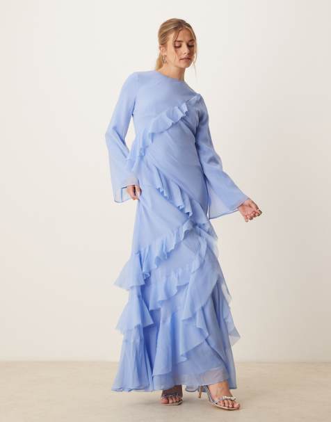 ASOS DESIGN fluted long sleeve extreme ruffle maxi dress in blue - view 1