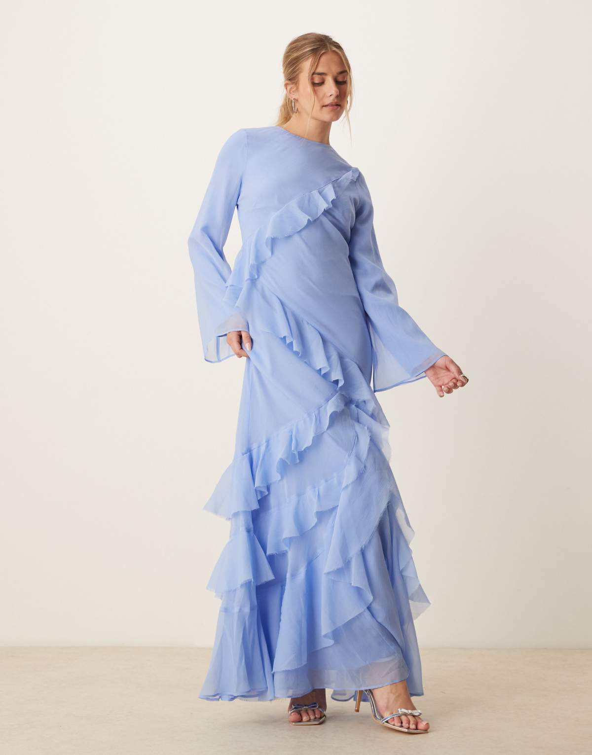 ASOS DESIGN fluted long sleeve extreme ruffle maxi dress in blue