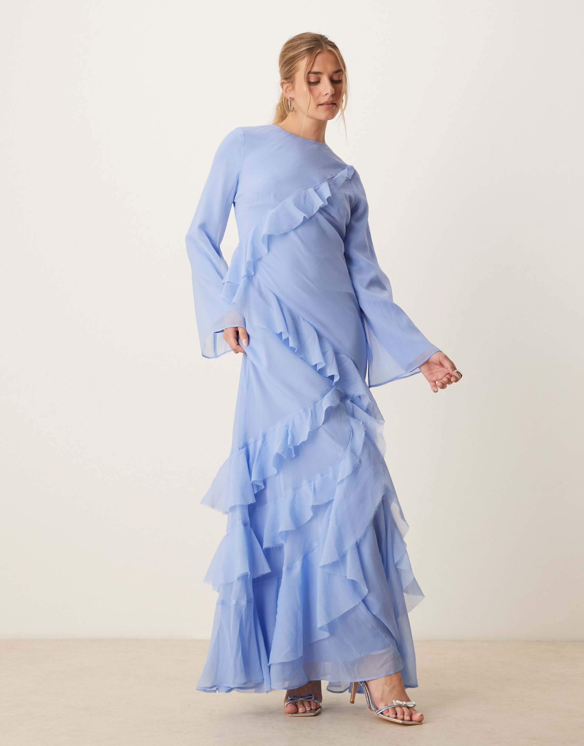 asos design fluted long sleeve extreme ruffle maxi dress in blue