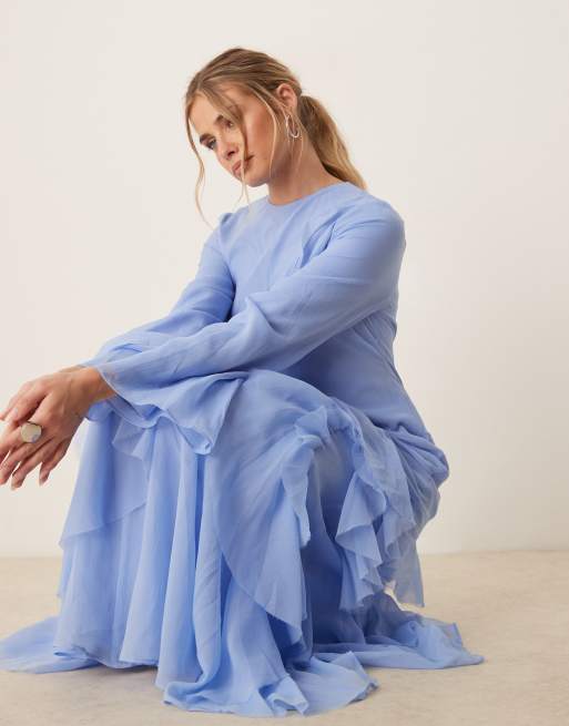 ASOS DESIGN fluted long sleeve extreme ruffle maxi dress in blue