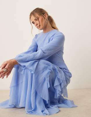 ASOS DESIGN fluted long sleeve extreme ruffle maxi dress in blue