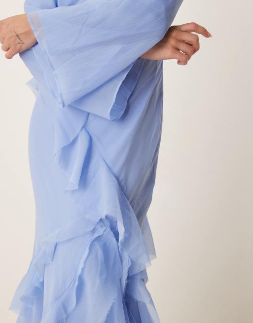 ASOS DESIGN fluted long sleeve extreme ruffle maxi dress in blue