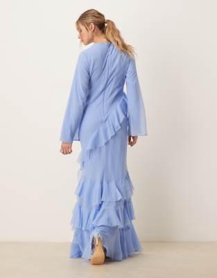 ASOS DESIGN fluted long sleeve extreme ruffle maxi dress in blue