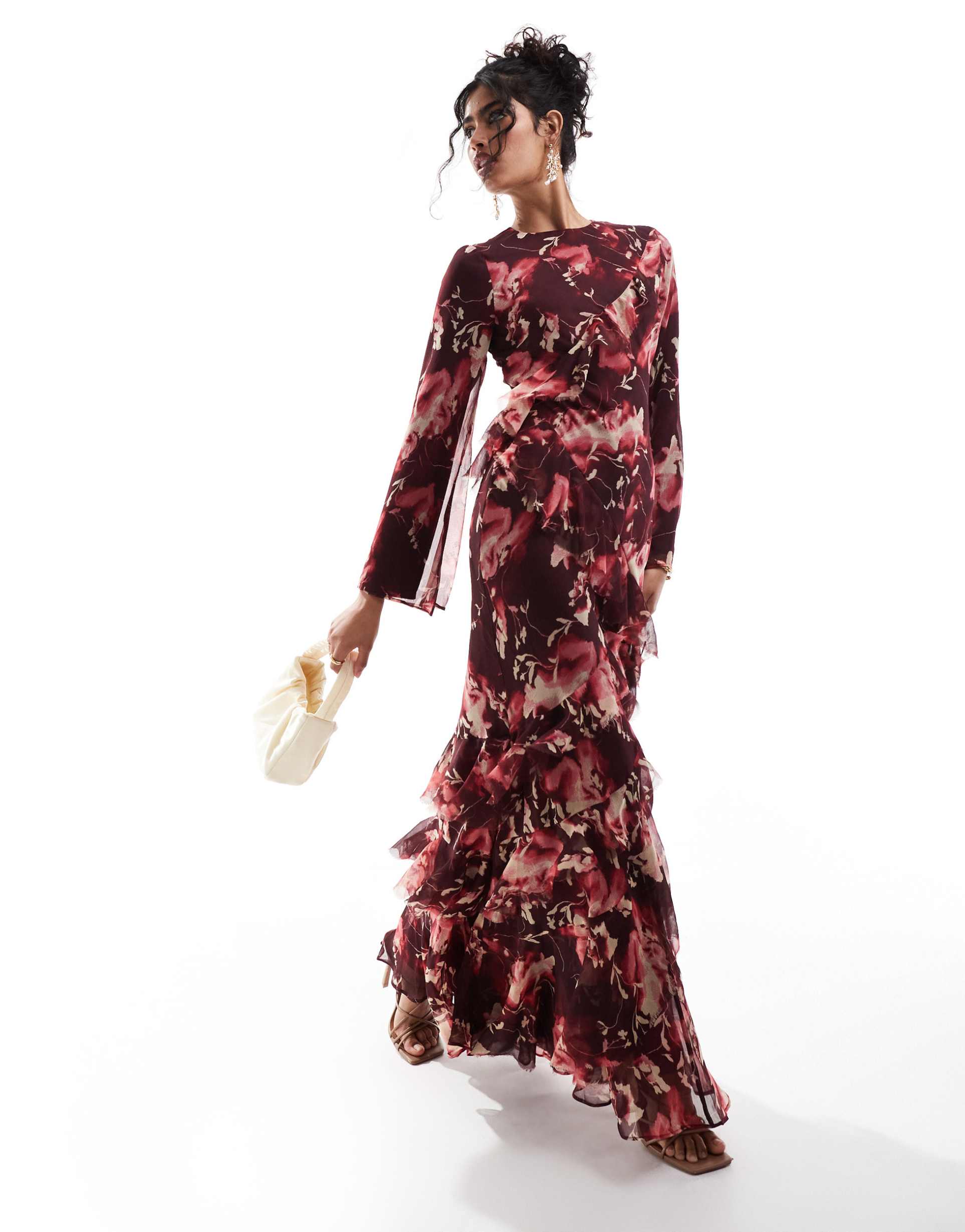 asos design fluted long sleeve extreme ruffle maxi dress in burgundy abstract floral print