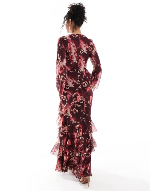 ASOS DESIGN fluted long sleeve extreme ruffle maxi dress in burgundy abstract floral print