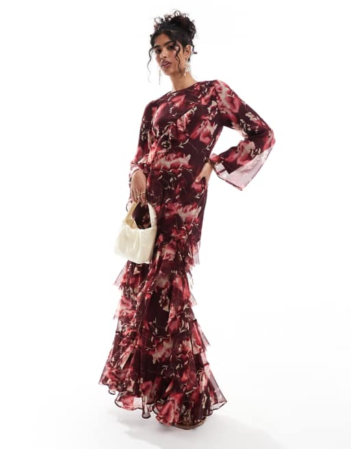 ASOS DESIGN fluted long sleeve extreme ruffle maxi dress in burgundy abstract floral print