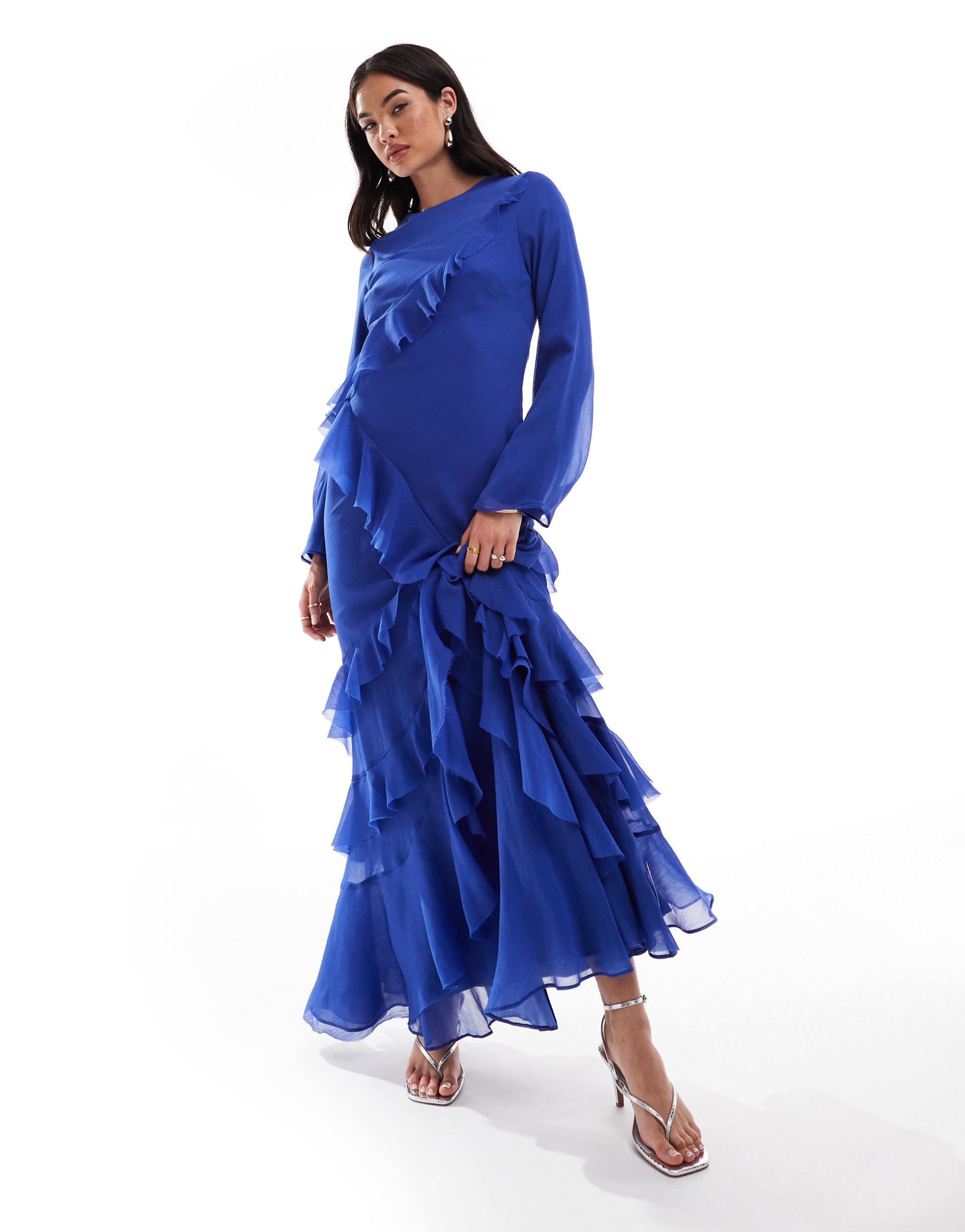 asos design fluted long sleeve extreme ruffle maxi dress in cobalt blue