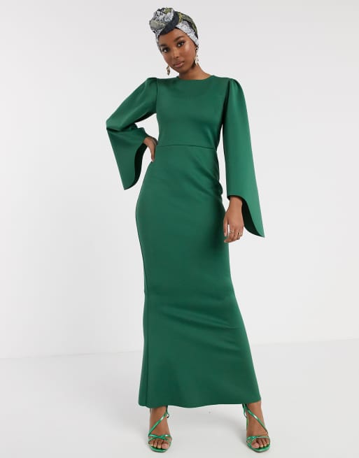 ASOS DESIGN fluted long sleeve maxi dress in green | ASOS