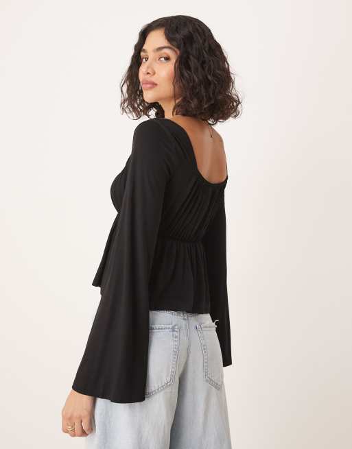 ASOS DESIGN fluted sleeve babydoll top in black, 4 of 4