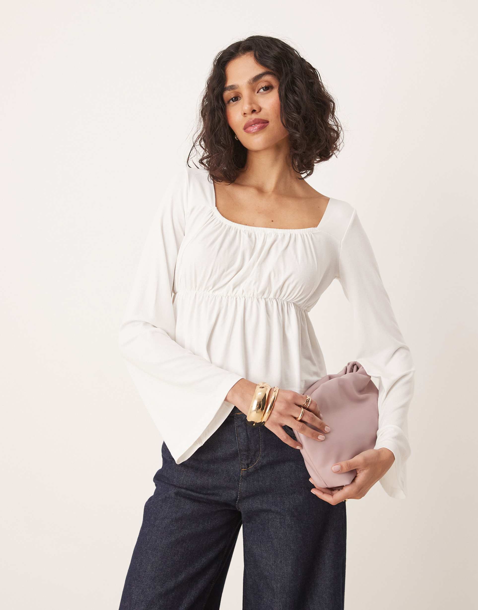 asos design fluted sleeve babydoll top in ivory