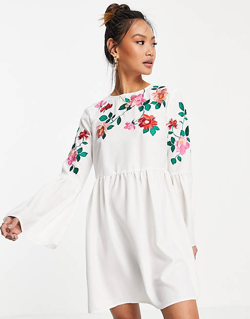 Dresses fluted sleeve embroidered mini smock dress in white 
