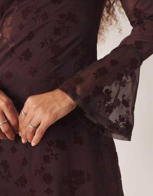 ASOS DESIGN flute sleeve floral flocked mesh mini dress in chocolate brown