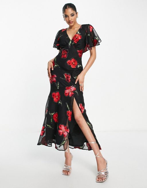 ASOS DESIGN fluted sleeve maxi dress with cut-out back in jacquard rose  print