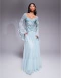 [ASOS DESIGN] ASOS DESIGN fluted sleeve maxi dress with placement embellishment in aqua blue-Green 12 Aqua blue