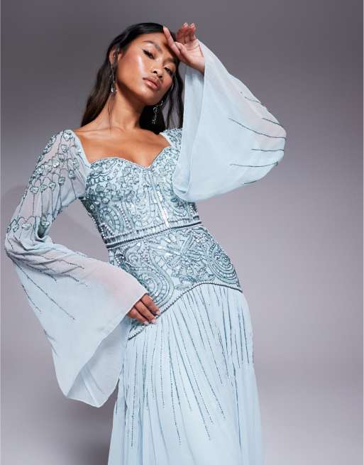ASOS DESIGN fluted sleeve maxi dress with placement embellishment in aqua  blue | ASOS
