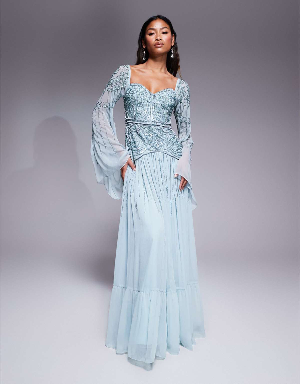 ASOS DESIGN fluted sleeve maxi dress with placement embellishment in sage green