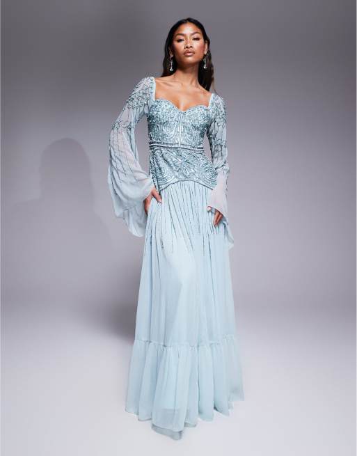ASOS DESIGN fluted sleeve maxi dress with placement embellishment in sage green