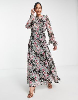 ASOS DESIGN fluted sleeve maxi godet dress in spliced floral print | ASOS