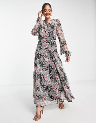 ASOS DESIGN fluted sleeve maxi godet dress in spliced floral print | ASOS