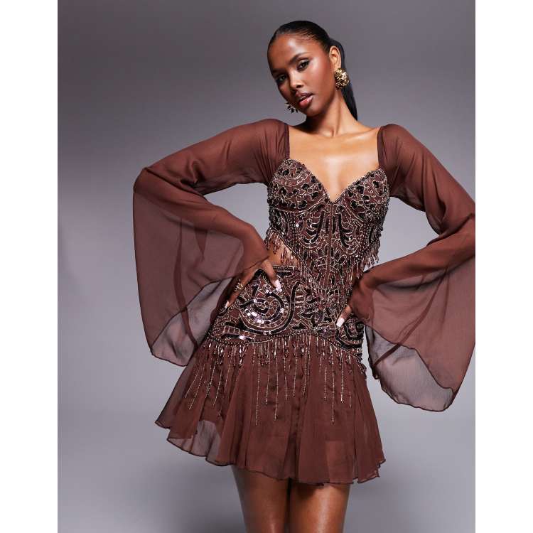 ASOS DESIGN fluted sleeve mini dress with placement embellishment in  chocolate | ASOS