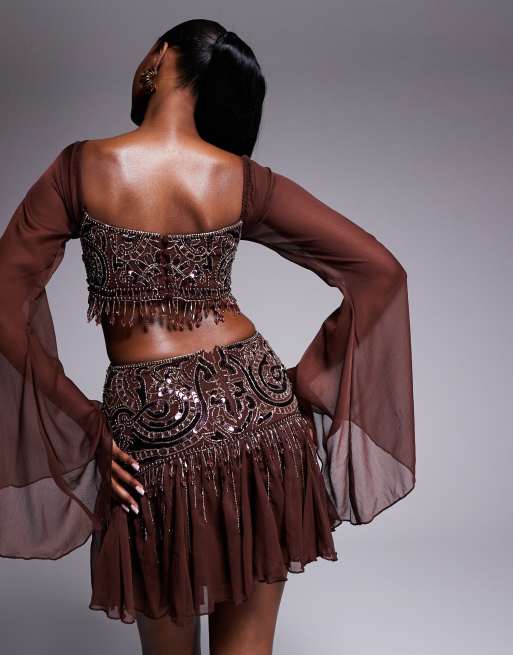 ASOS DESIGN fluted sleeve mini dress with placement embellishment in chocolate 
