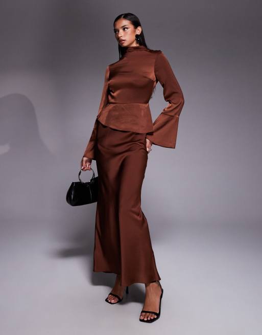 ASOS DESIGN fluted sleeve peplum maxi dress in light brown