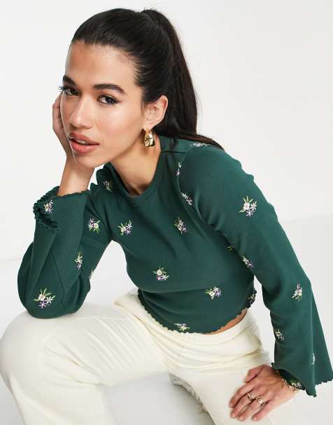 ASOS DESIGN fluted sleeve rib floral embroidery top in bottle green