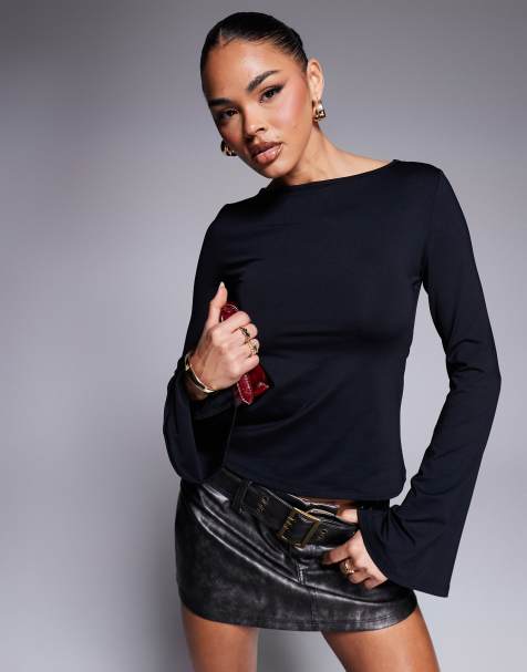 ASOS DESIGN fluted sleeve slash neck top with back cut-out detail in black - view 1