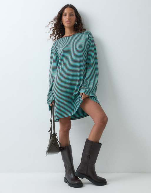 ASOS DESIGN fluted sleeve striped rib mini dress in turquoise, 2 of 5