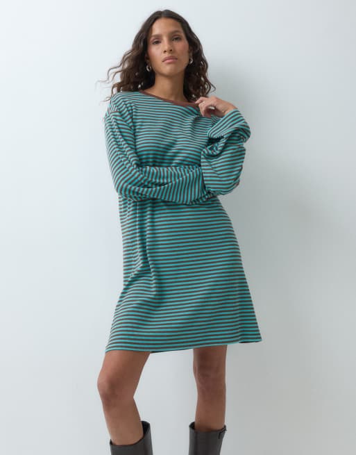 ASOS DESIGN fluted sleeve striped rib mini dress in turquoise, 3 of 5