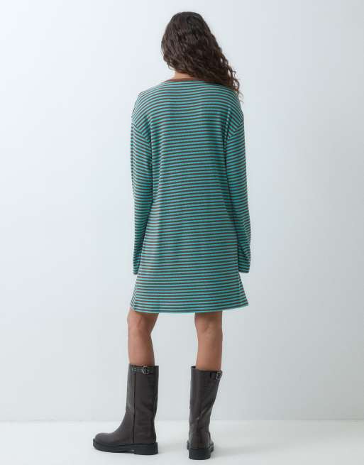ASOS DESIGN fluted sleeve striped rib mini dress in turquoise, 4 of 5