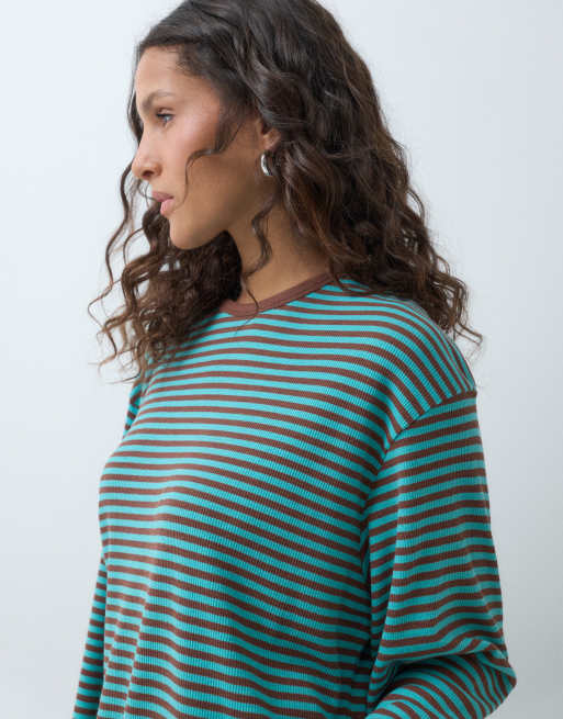 ASOS DESIGN fluted sleeve striped rib mini dress in turquoise, 5 of 5
