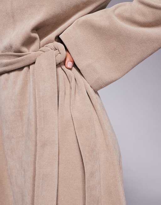 ASOS DESIGN fluted sleeve tie waist cord mini dress in neutral, 3 of 4