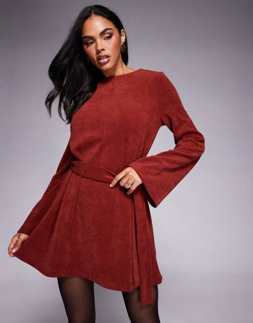 ASOS DESIGN fluted sleeve tie waist corduroy mini dress in burgundy