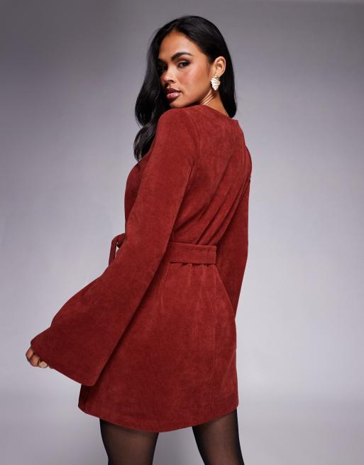 ASOS DESIGN fluted sleeve tie waist corduroy mini dress in burgundy