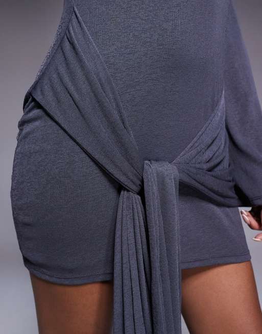 ASOS DESIGN fluted sleeve tie waist mini dress in charcoal, 3 of 4